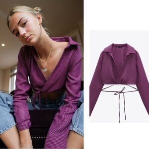 NWT Zara Purple Houndstooth Polo Crop Top | Long Sleeve | Size M